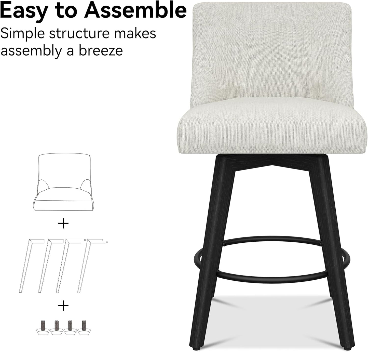 Counter Height Bar Stools Set of 8, Modern Swivel Barstools with Back and Wood Legs, Linen Fabric Upholstered Bar Chairs, 26" H Kitchen Counter Stools, Kitchen Island Home Bar, Ivory