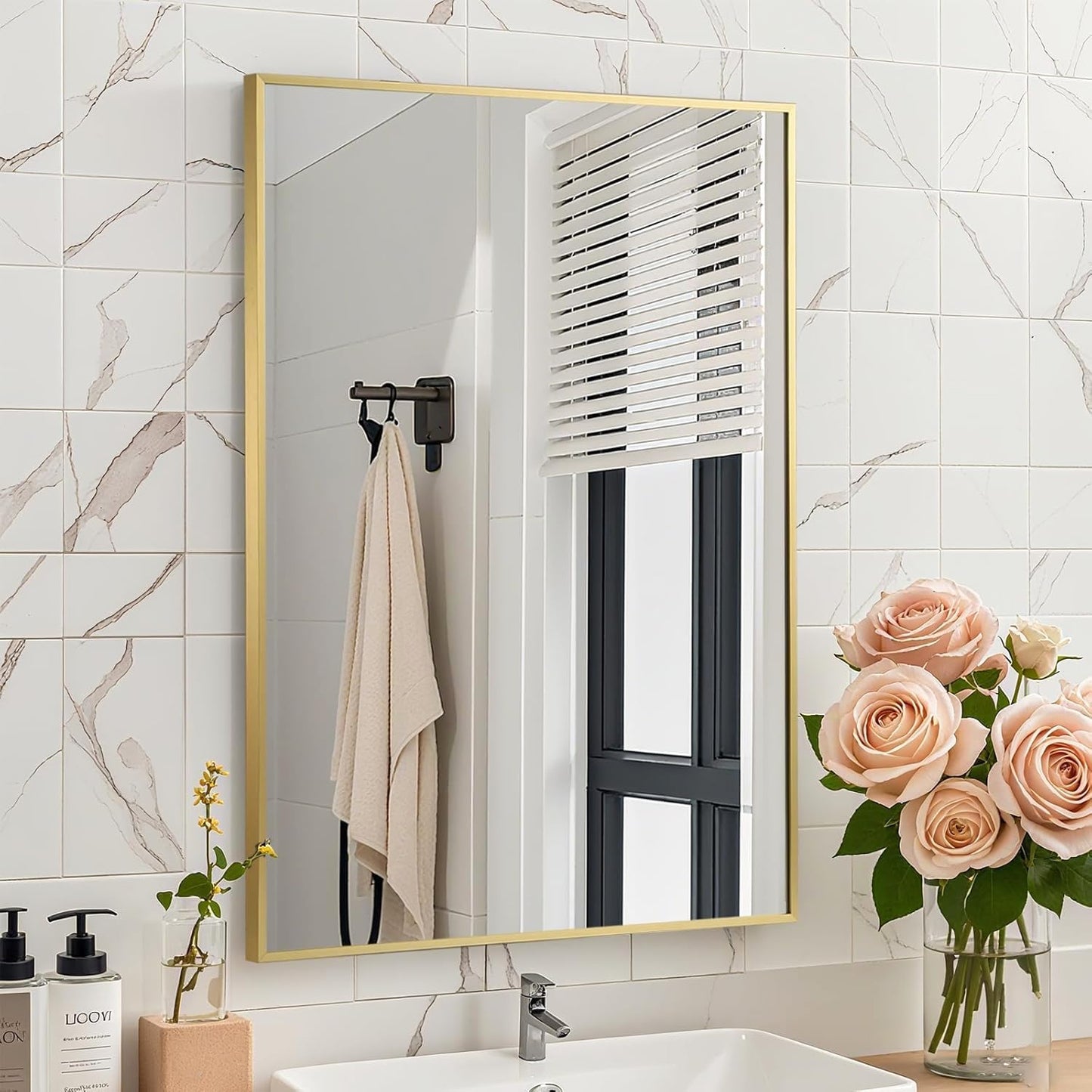 Brushed Gold Mirror, 30x36 Inch Aluminum Framed Rectangle Mirror, Anti-Rust, Tempered Glass, Square Corner Wall Mirror for Over Sink, Vanity, Bedroom, Entryway, Horizontal/Vertical