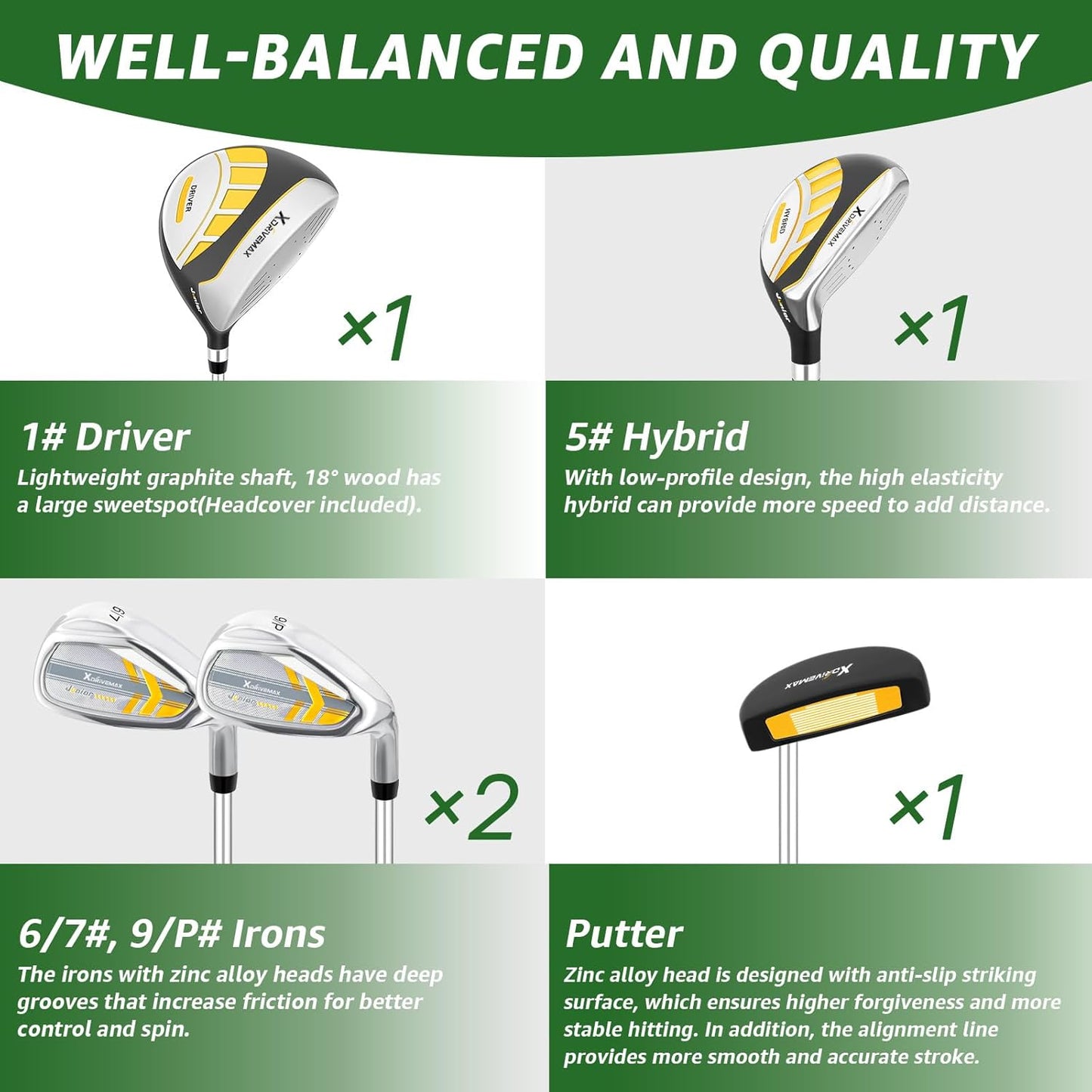 5/6 Pieces Kids Golf Club Set, Junior Golf Club Set Ages 4-12 Includes Stand Bag, 1# Drive, 5# Hybrid, 6/7#, 9/P# Irons and Putter Right Hand for Boys Girls