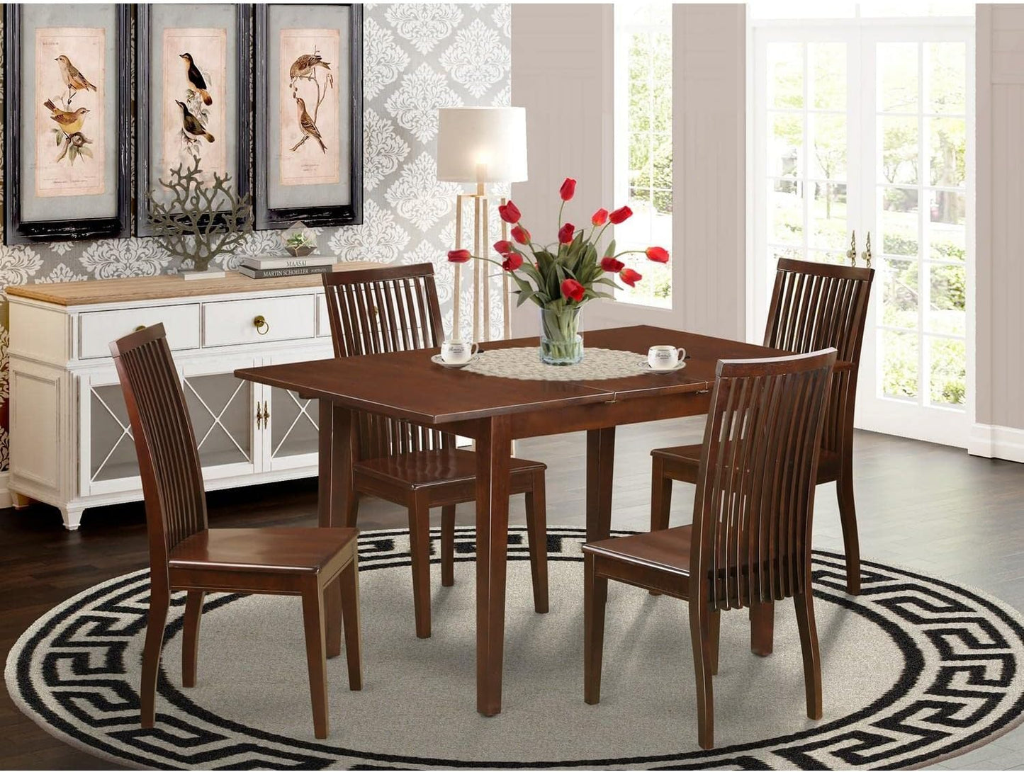 East West Furniture PSIP5-MAH-W 5 Piece Dinette Set for 4 Includes a Rectangle Dining Room Table with Butterfly Leaf and 4 Dining Chairs, 32x60 Inch, Mahogany