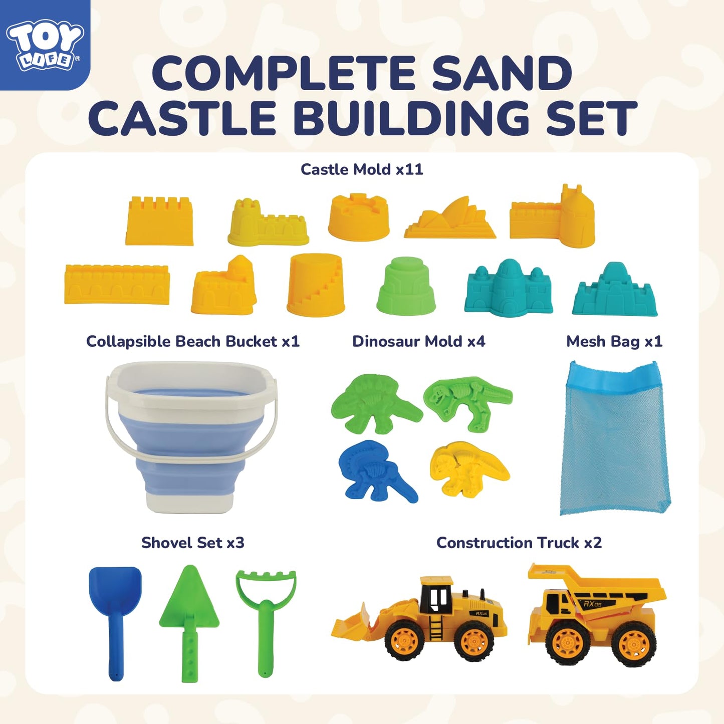 TOY Life 22 Pcs Dinosaur Beach Toys for Kids Ages 4-8 Collapsible Sand Toys with Construction Cars Silicone Bucket Shovels & Sand Castle Building Kit Molds, Sandbox Toy for Summer, Travel, Fishing