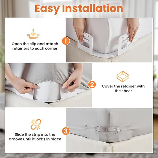 Bed Sheet Holders with Lock Strips, Easy Installation Fit All Beds, Fitted Sheet Holders Keep Your Sheet Firm and Tight, Durable Material