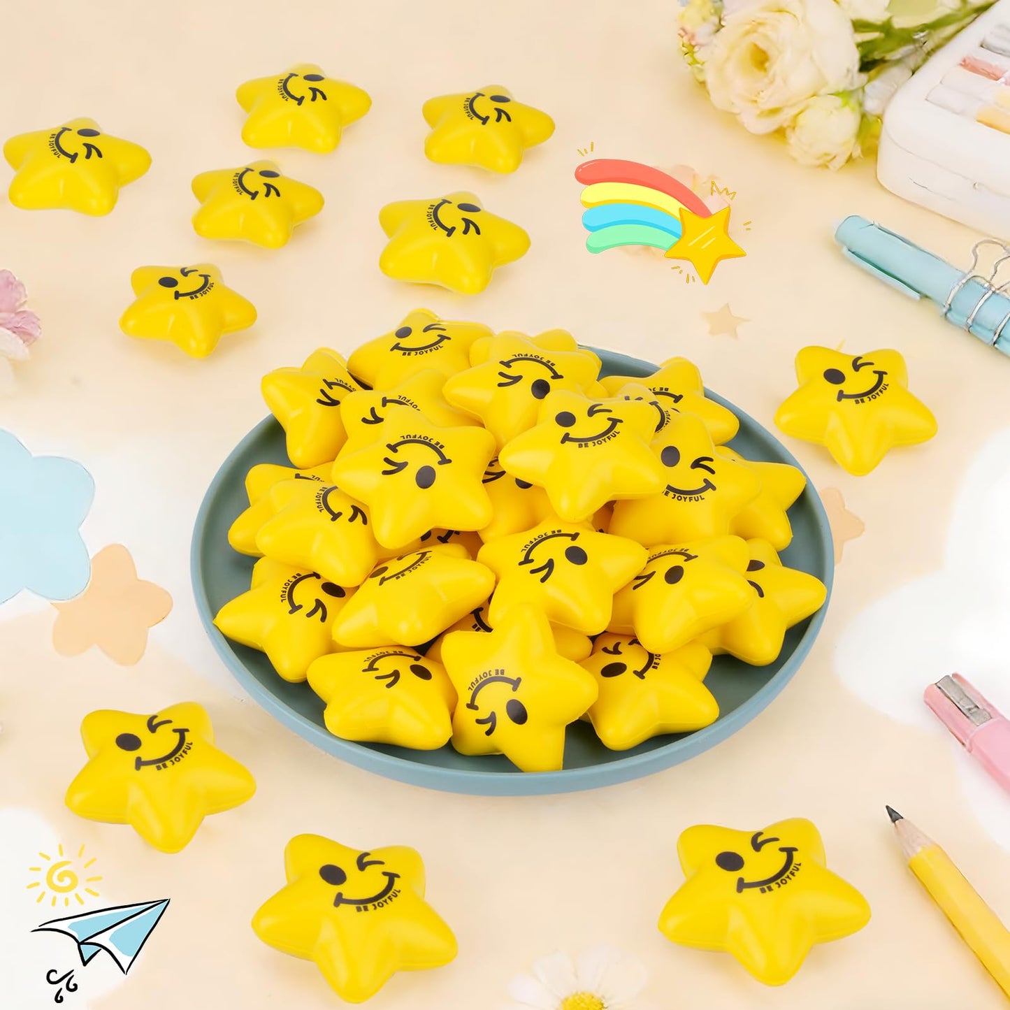 SHQDD Stress Balls, 108PCS Stress Balls for Kids & Adults - Mini Star Stress Balls Squeeze Toys, 2.16 Inch Cute Smiley Face Stress Relief Ball Bulk for Anxiety Fidget Sensory, Classroom Party Supplies