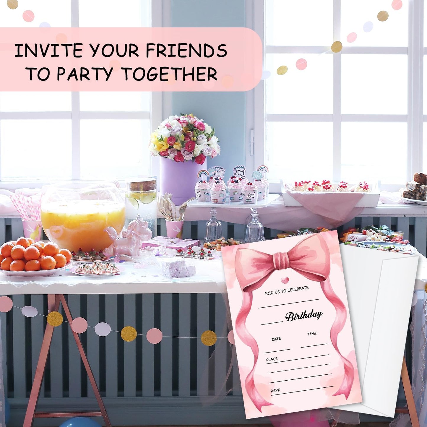 Pink Bow Birthday Invitations, Cute Bow Party Invitations, 20 Double-Sided Fill In Invitation with Envelopes for Girls Women, Birthday Party Decorations Favor
