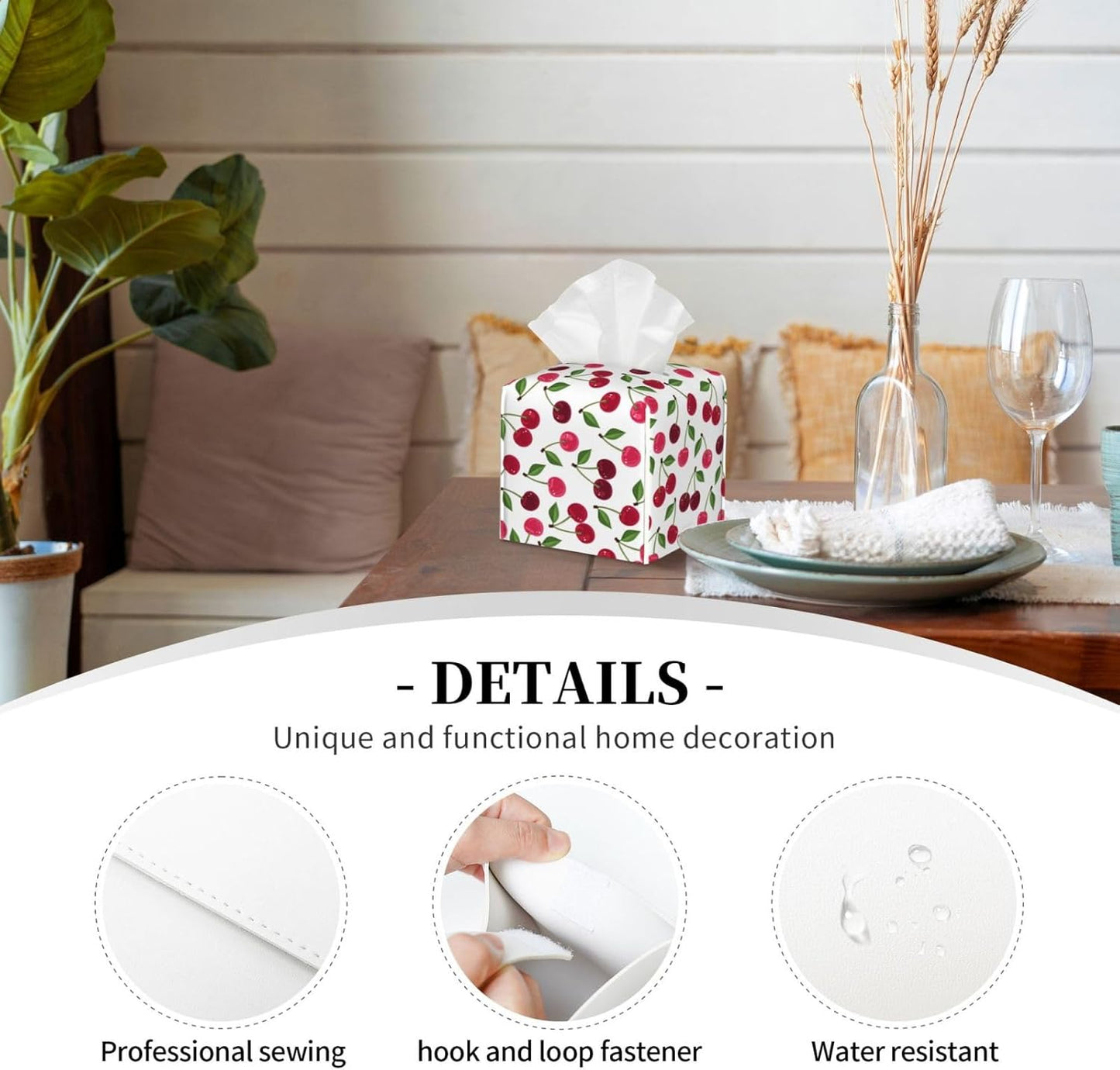 Cherry Tissue Box Holder Paper Organizer, PU Leather Tissue Case Cover, Cherry Decor for Bathroom, Kitchen, Car