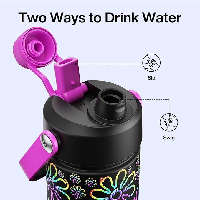 ENCOOL Insulated Water Bottle with Straw Stainless Steel Water Bottle, Glow in the Dark, Leak-Proof, BPA-Free, Keeps Cold for 24 Hours for Sports, Travel, School (26 oz, Flower)