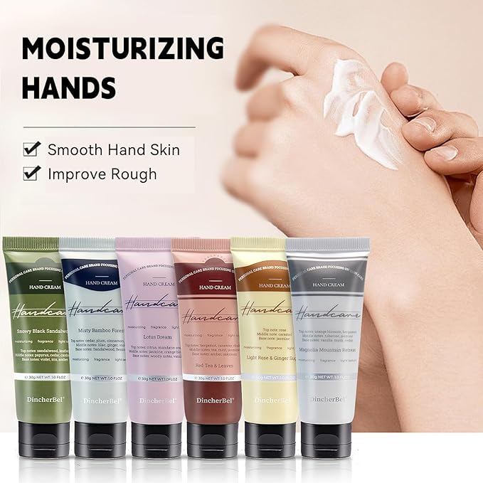 DincherBel 6 Pack Travel Size Hand Cream Set - 1 oz Moisturizing Lotion for Dry Cracked Hands, Misty Bamboo Forest Scented Hand Lotion Gift for Women, Nurses, Teachers, Bridesmaids Gifts
