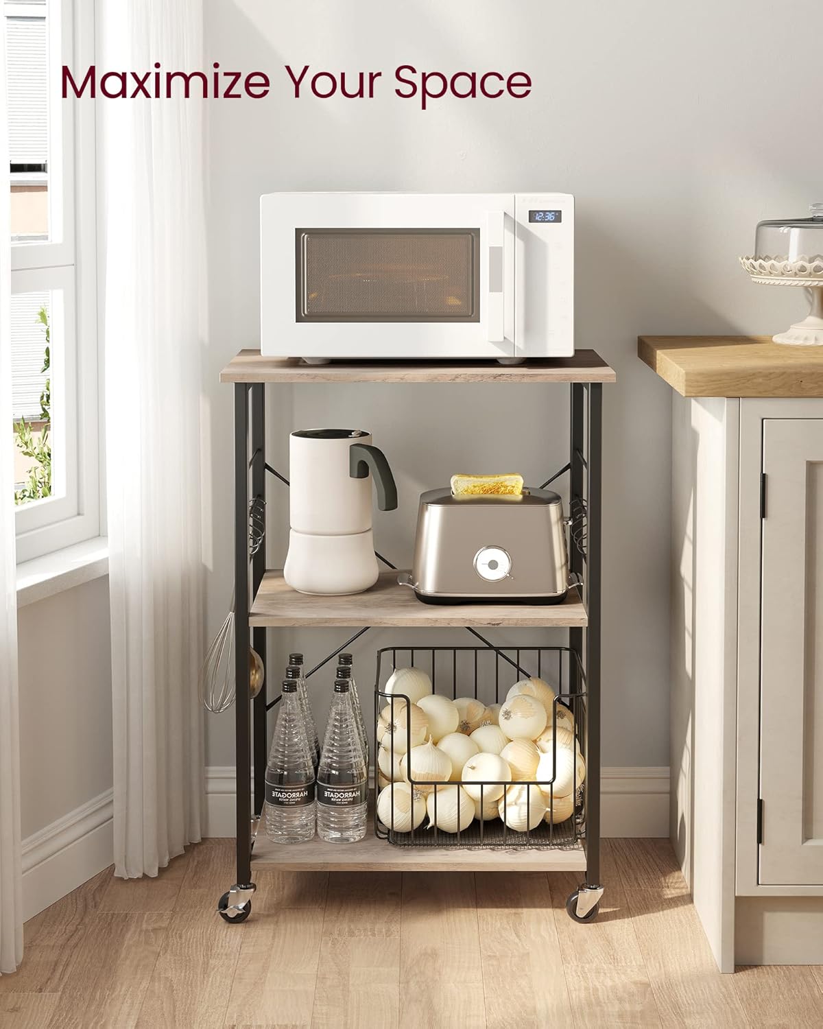 VASAGLE Kitchen Shelf on Wheels, Serving Cart with 3 Shelves, Kitchen Cart, Microwave Shelf, for Mini Oven, Toaster, with 6 Hooks, Industrial Style, Greige and Black UKKS060B02