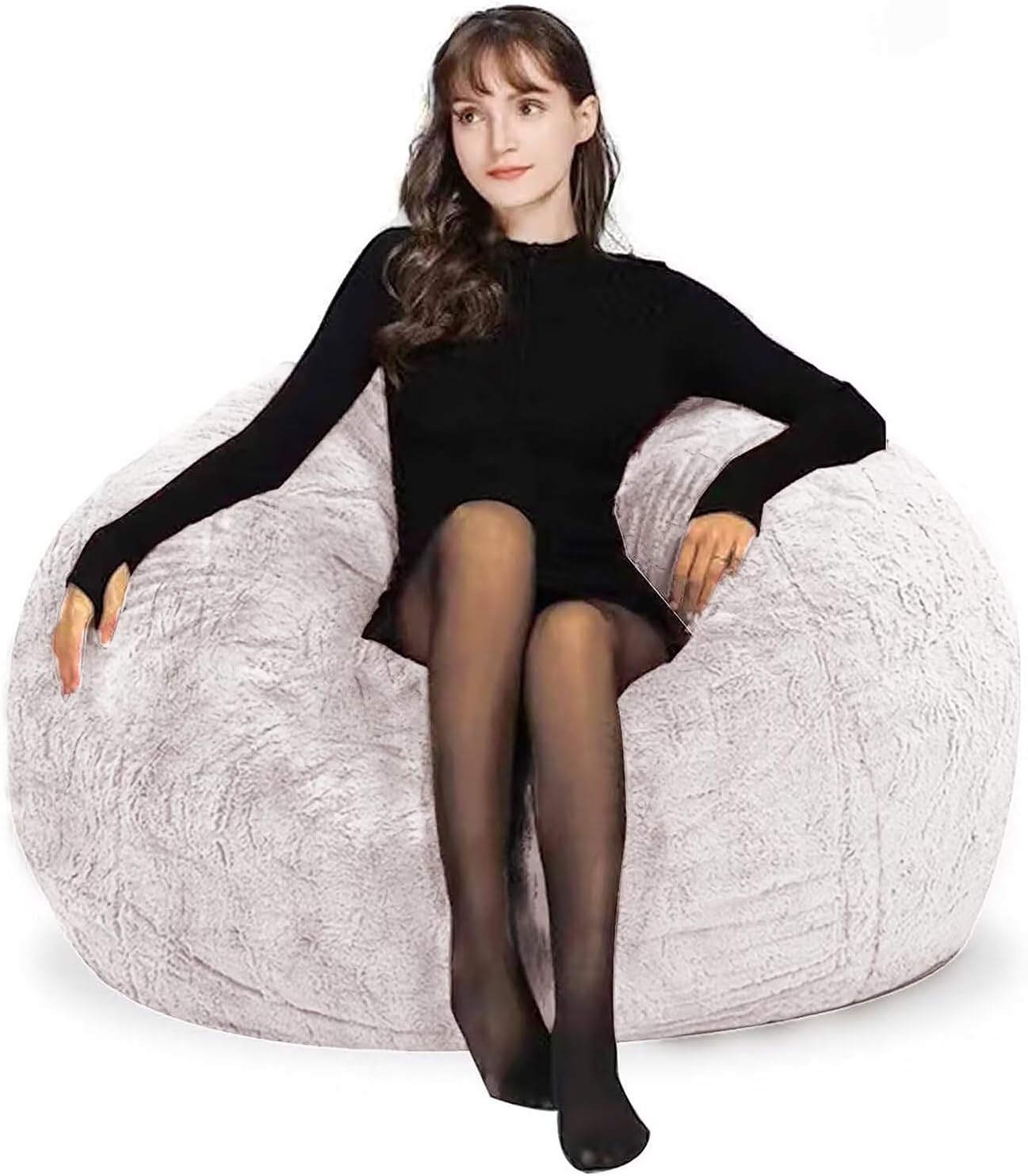 Bean Bag Chair Cover for Adults Kids Comfy Fluffy Oversized Round Beanbag Chair Lazy Sofa Cover for Reading Chair Floor Chair, 3.5FT, White