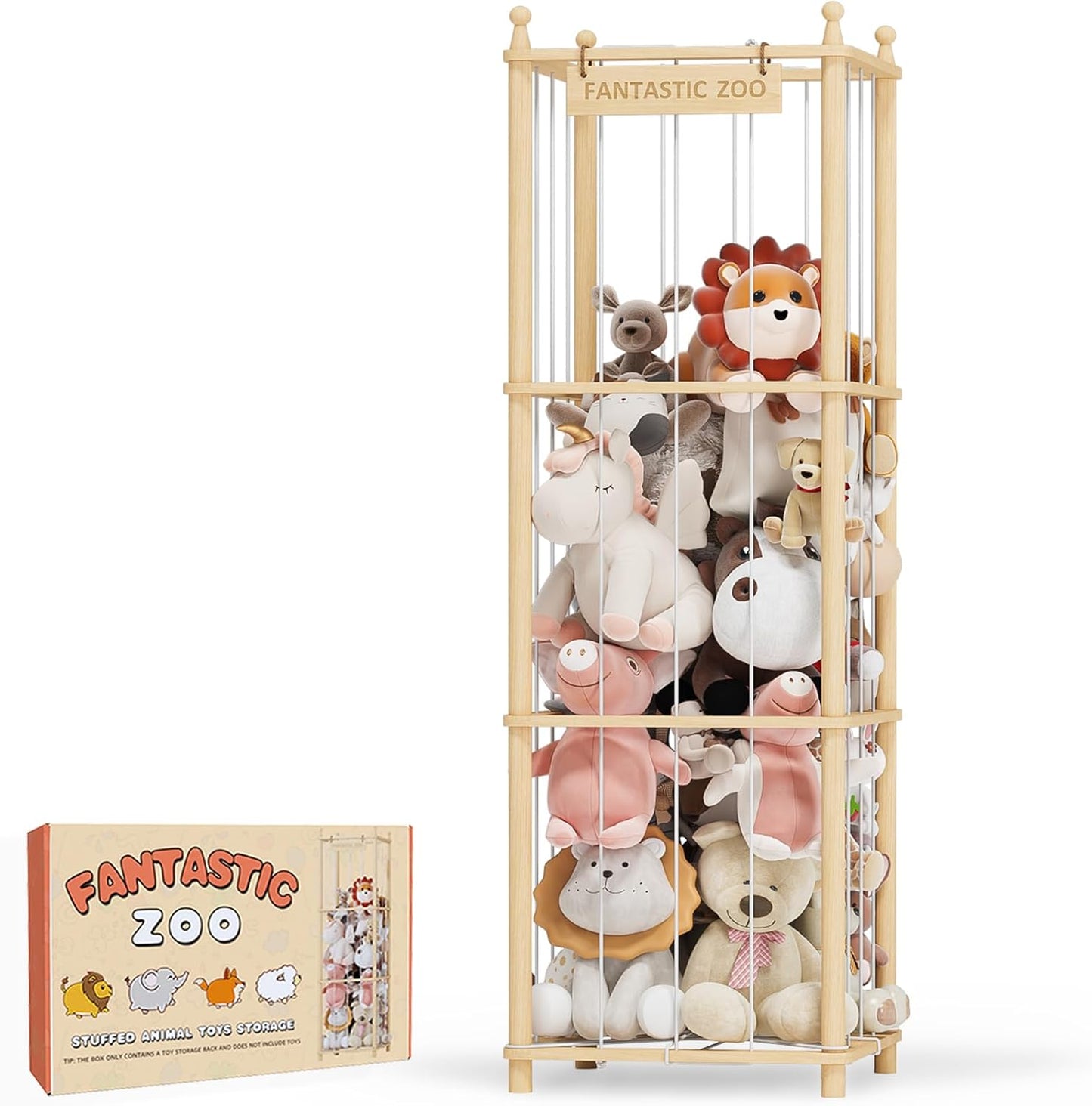 TOPMELON Stuffed Animal Zoo Storage, 16.8″ x 16.8″ x 53.6″ Large Capacity Plush Toy Organizer, Cute Zoo Toy Holder for Kids, Wooden Toys Organizer Tower for Playrooms & Children's Room