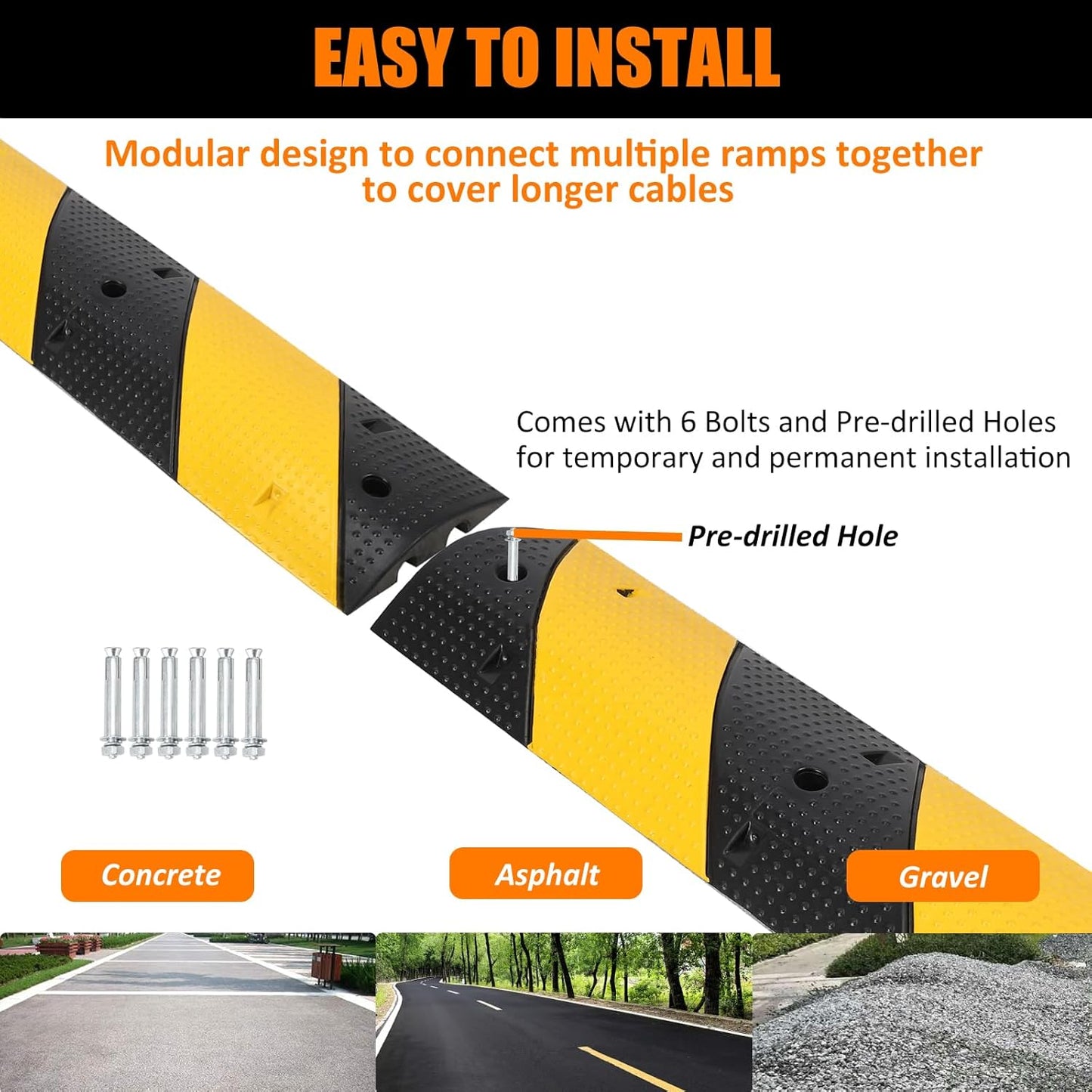 3.3 Ft Rubber Speed Bumps 2 Pack, Heavy Duty Speed Bumps for Driveway Rubber Gravel Road Asphalt Parking, Modular Driveway Speed Bumps Cable Protector Ramp with 6 Bolts Spikes