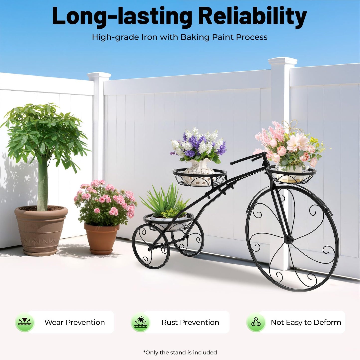 Three-wheeled Plant Stand,Metal Flower Pot Cart Holder,Metal Bicycle Plant Display Rack,3-Tier Tricycle Planter with Wheels,Bike Shape Plant Corner Shelf for Indoor Outdoor Garden,Patio,Lawn Decor