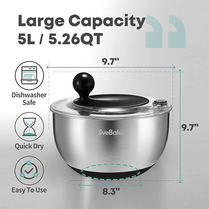 5.3Qt Stainless Steel Salad Spinner with Stop Button, BPA-Free Vegetable Lettuce Spinner, Transparent Lid & Drainage Hole, Non-Slip Base, Dishwasher Safe Fruit Washer