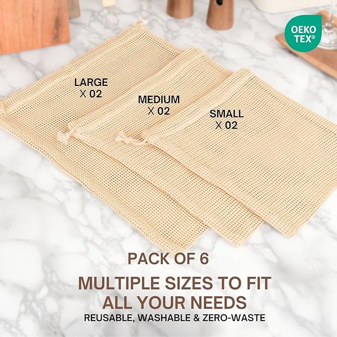 Premium Organic Reusable Mesh Produce Bags, Pack of 6(2L+2M+2S) Washable Mesh bags for Vegetables, Durable, Double Stitched Produce Bags, Machine Washable - Beige