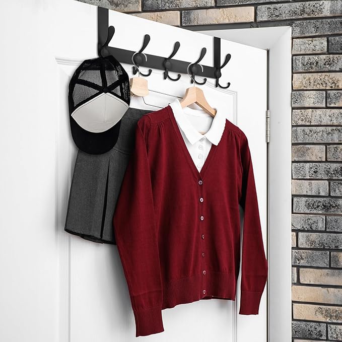 TICONN Over The Door Hooks, 5 Heavy Duty Tri Coat Rack All Metal Coat Hanger for Bathroom Bedroom Dorm (Matte Black, 2PK, Fit 1-3/4" Doors)