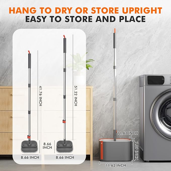 Upgraded Self-Standing Spin Mop and Bucket System, Detachable Inner Mop Bucket Separates Dirty Water & 90° Foldable Head, Triple-Scrub System, 0.9Gal Dual Drainage, for Hardwood Floors (Gray 6 Pads)
