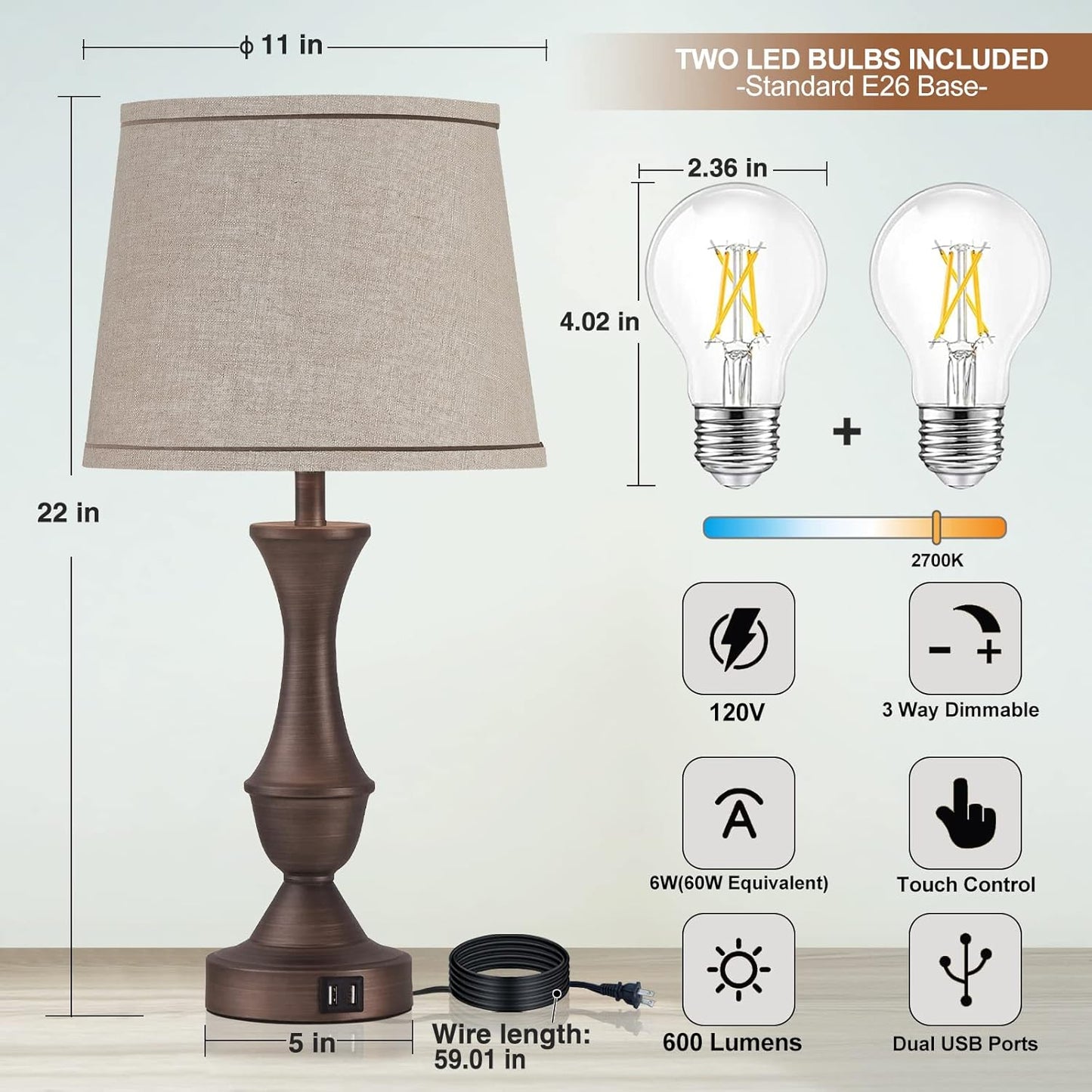 Touch Table Lamps Set of 2, 22" Tall Bedside Lamps with USB C+A Ports, 3-Way Dimmable Table Lamp, Nightstand lamps for Bedroom, Living Room, Office, Brown Lamps with Beige Lampshade, Bulbs Included