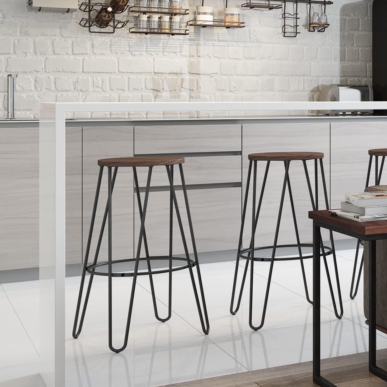 SIMPLIHOME Simeon Industrial Metal 26 inch Metal Counter Height Stool with Wood Seat (Set of 2) in Cocoa Brown / Black for the Dining Room and Kitchen