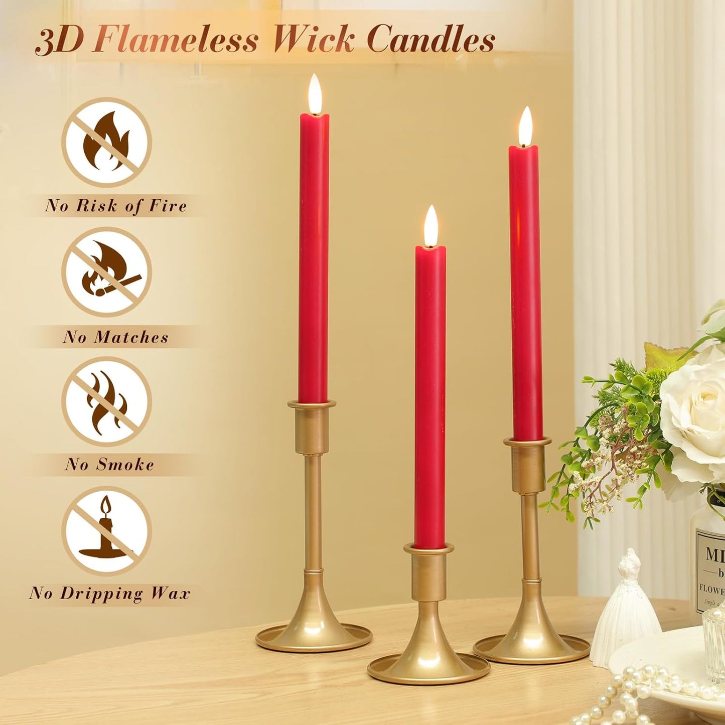 Retisee 6 Pack Taper Candles Holder Set, Candlestick Holders and 10 in Led Taper Candles with Remote Timer Flameless Candles for Holiday Wedding Table Decor(Red)
