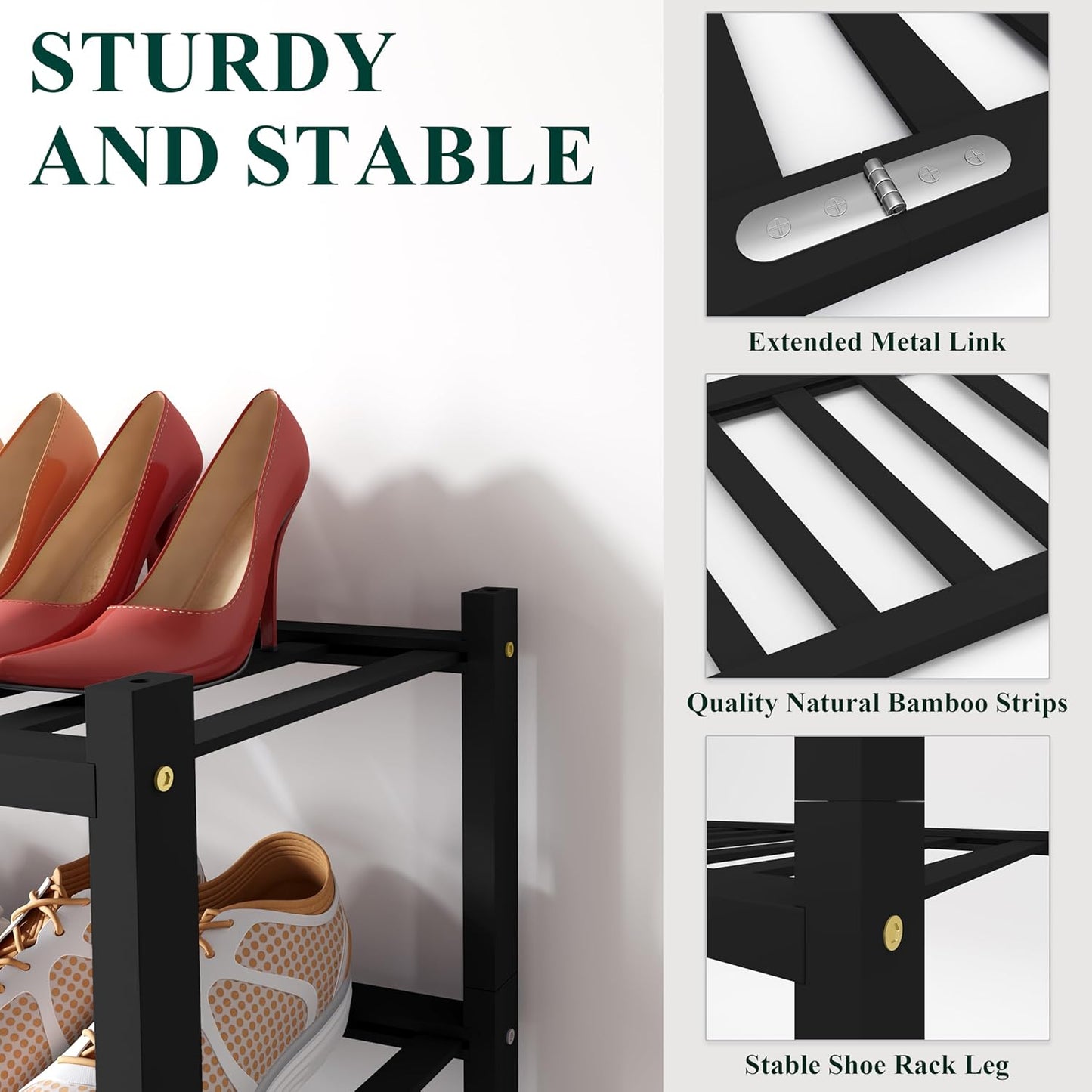 Smiry Shoe Rack, 6 Tier Bamboo Shoe Organizer, Stackable Free Standing Wooden Shoe Storage Shelf for Closet, Entryway, Front Door Entrance, Black