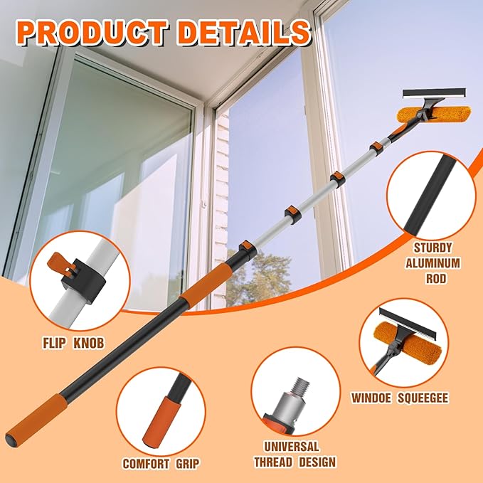 20FT Reach Window Squeegee with Extension Pole, 2-in-1 Professional Window Washing Kit for Home, Indoor Outdoor Squeegee with Rotatable Head for High Windows