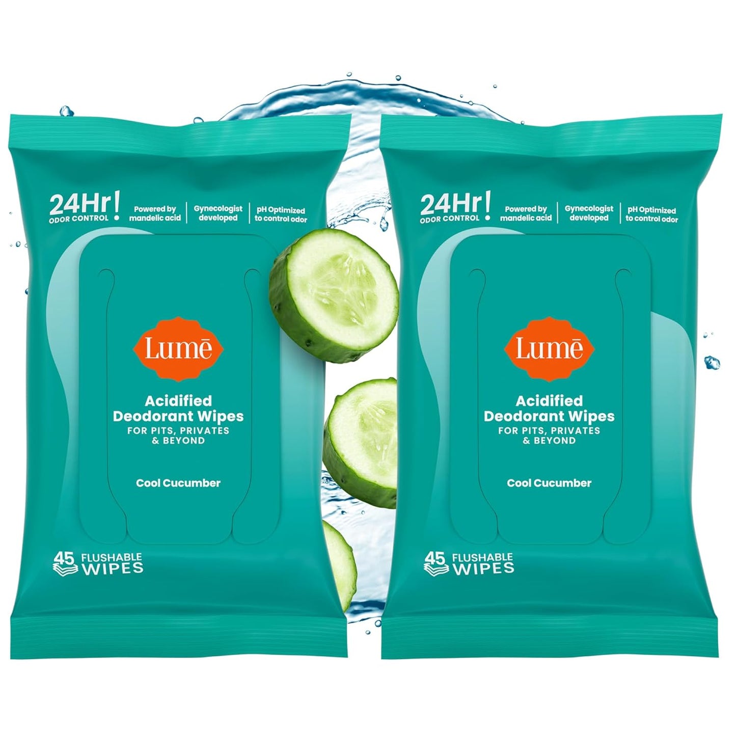 Lume Acidified Deodorant Wipes - 24 Hour Odor Control - Aluminum Free, Baking Soda Free, Skin Loving - 45 Count (Pack of 2) (Cool Cucumber)