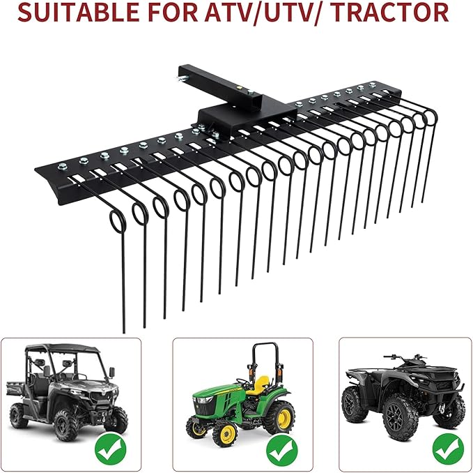 5FT Durable Pine Straw Rake Steel Spring Landscape Rake Fits 2" Receiver for Lawn Tractors or ATV/UTV，Black