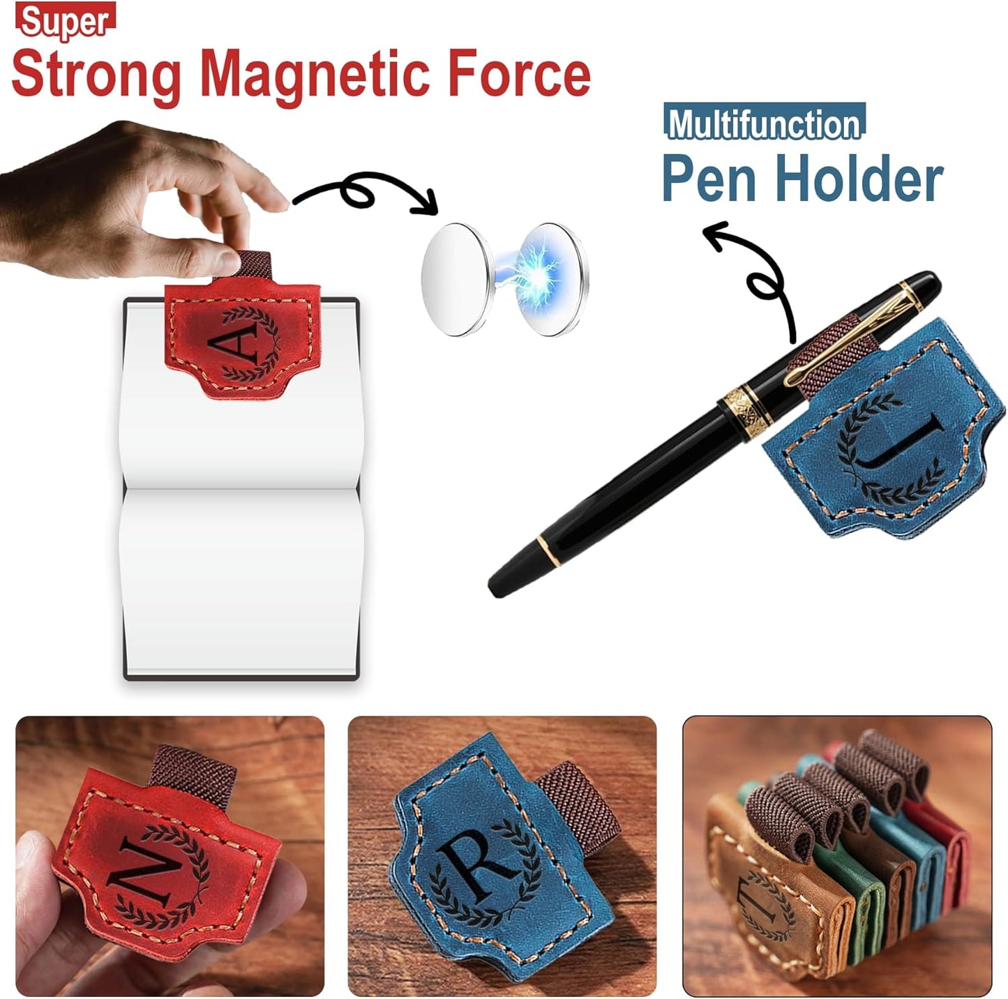 Bygone Mark Bookmark with Pen Holder, 26 Letters Name Initial Personalized Magnetic Bookmarks, Leather Book Mark for Men Women, Travelers Accessories, Teachers Readers Book Lovers Gifts (Blue, A)