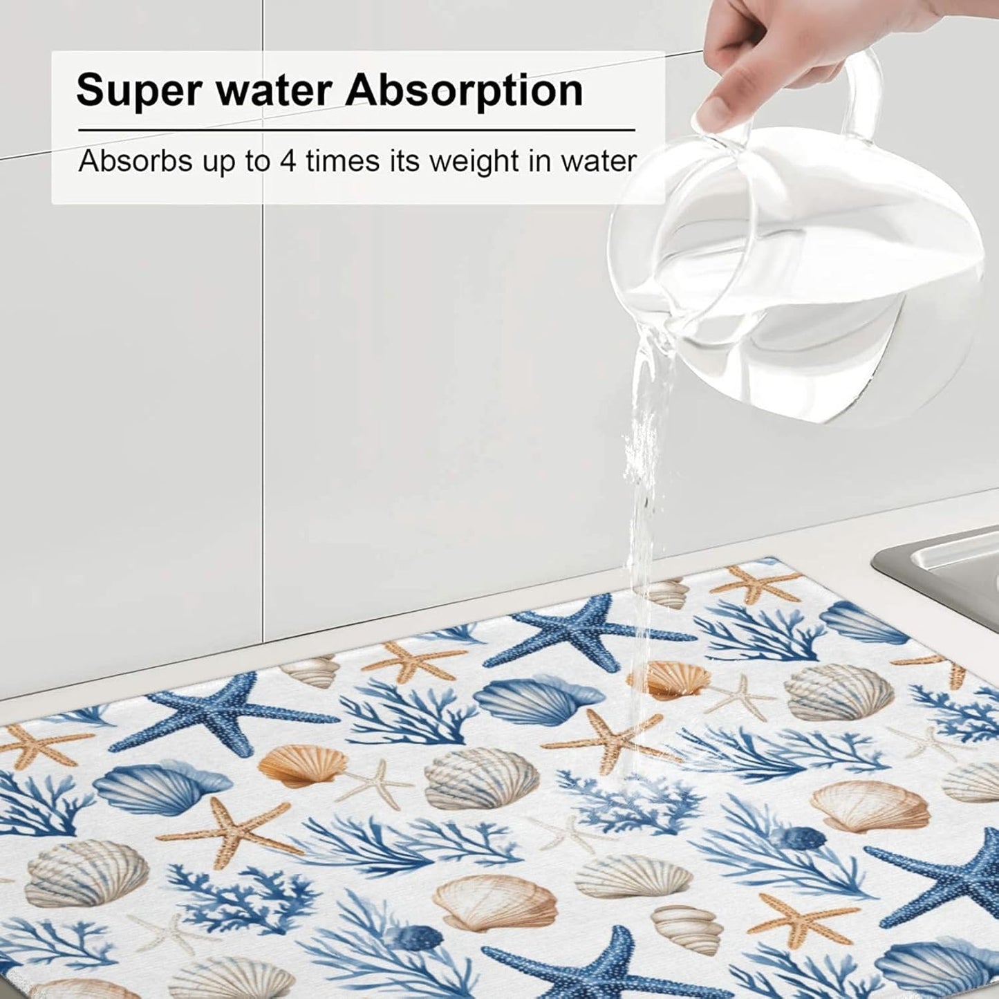 Dish Drying Mat for Kitchen Blue Seashell Starfish Childish Counter Absorbent Dishes Drainer Microfiber Large 18x24 Inch