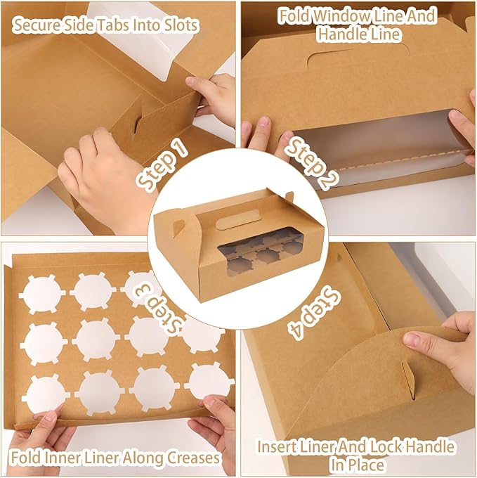 FORBFAN Cupcake Boxes 12 Count with Handle, 30 Pcs Kraft Portable Muffin Boxes, Gable Party Favor Treat Boxes for Wedding Birthday Party