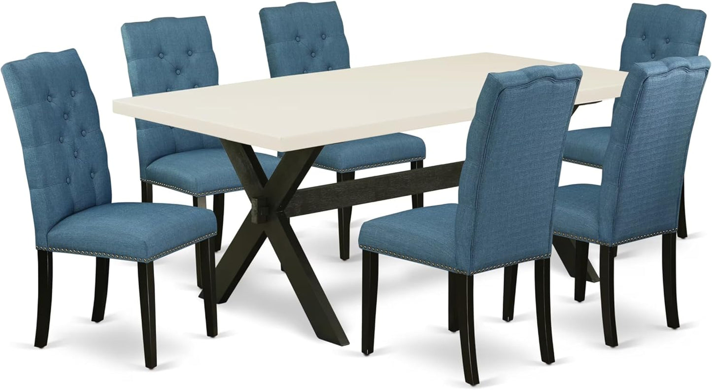 East West Furniture X627EL121-7 7 Piece Dining Room Table Set Consist of a Rectangle Kitchen Table with X-Legs and 6 Blue Linen Fabric Parson Dining Chairs, 40x72 Inch, Multi-Color