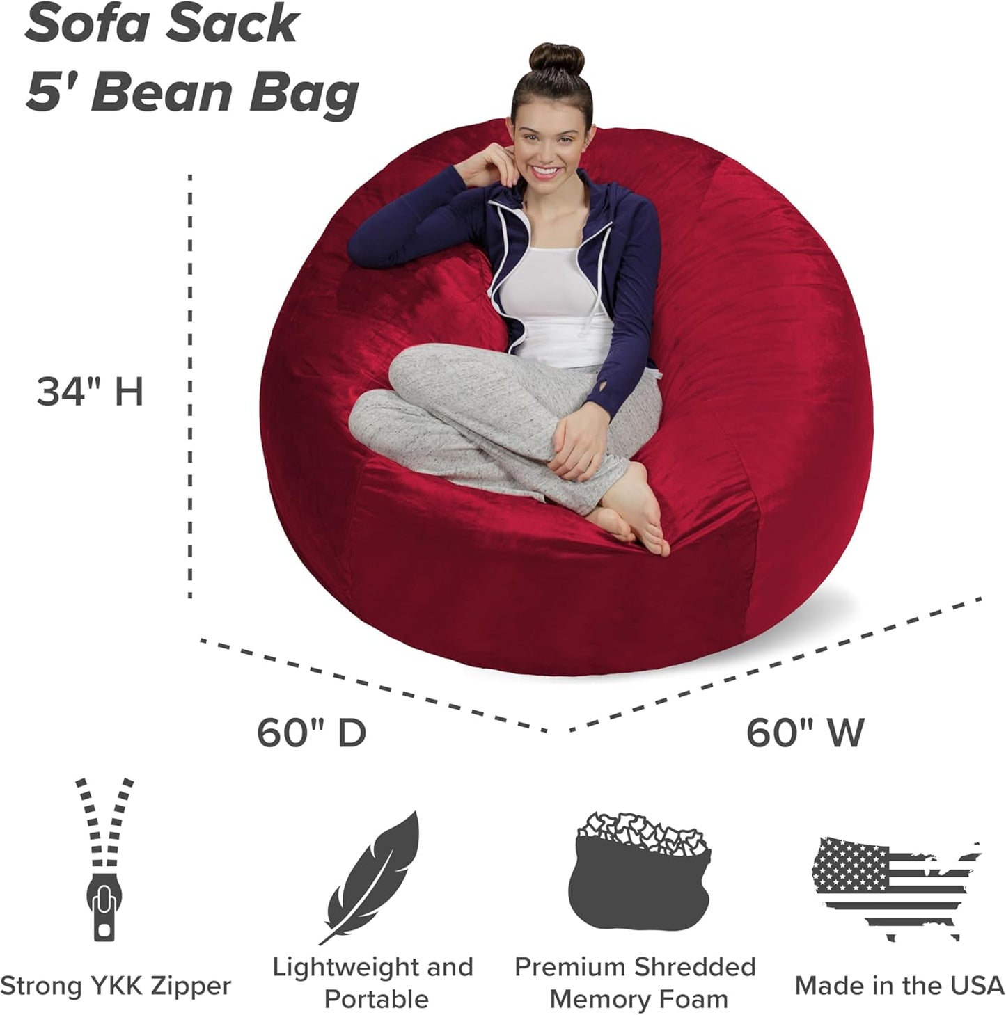 Sofa Sack Bean Bag Chair - Plush, Ultra Soft - Memory Foam Bean Bag Chair with Microsuede Cover - Stuffed Foam Filled Furniture and Accessories for Dorm Room 5 Feet - Cinnabar