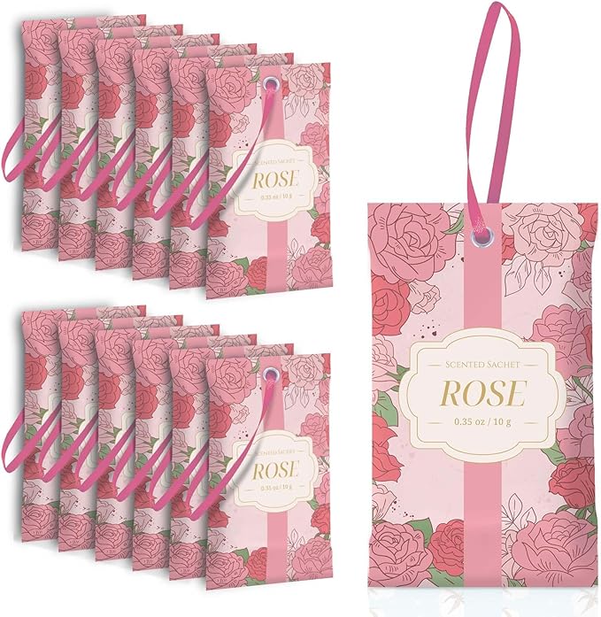 SCENTORINI Scented Sachets for Drawers and Closets, Rose Scent 14 Pack, Long-Lasting Sachets Bags Wardrobe Freshener, for Drawers, Closets, Cars