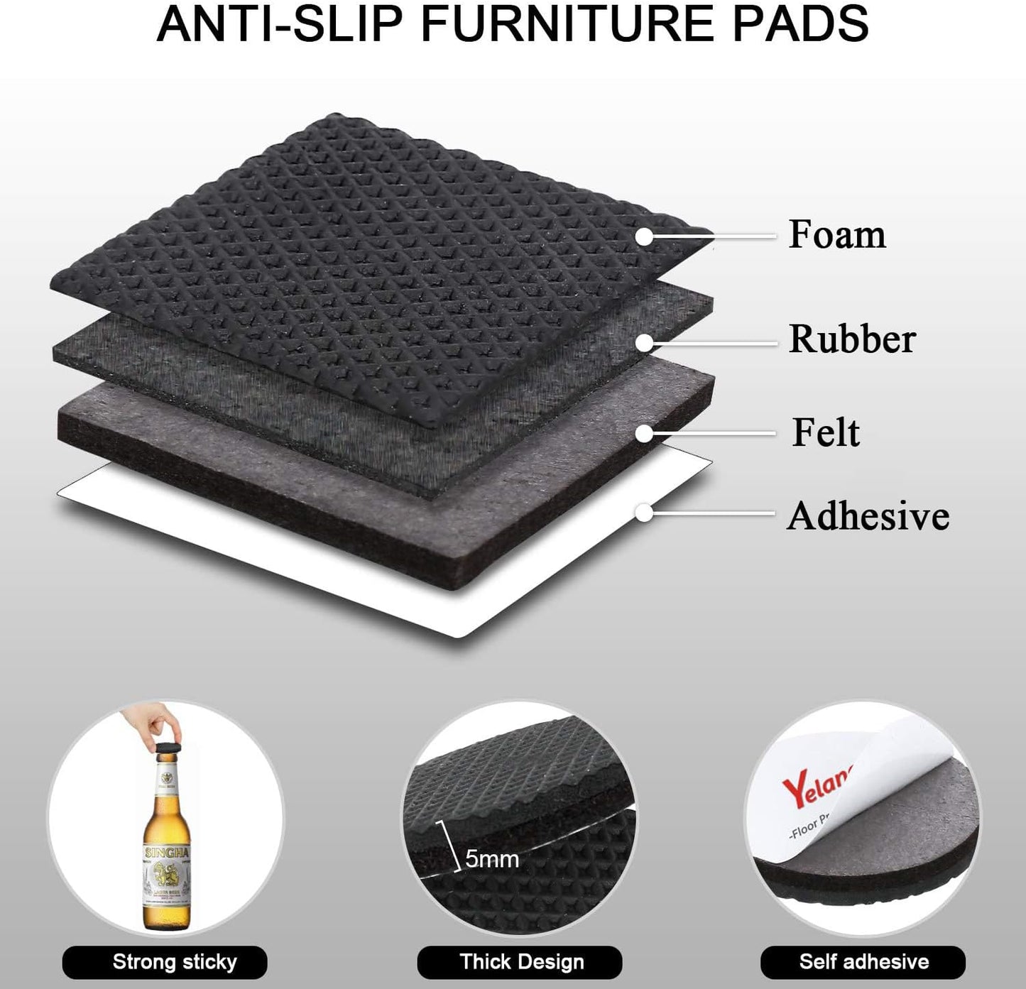 Yelanon Non Slip Furniture Pads -24 pcs 2.5" Furniture Grippers, Non Skid for Furniture Legs,Self Adhesive Rubber Furniture Feet, Anti Slide Furniture Hardwood Floor Protector for Keep Couch Stoppers