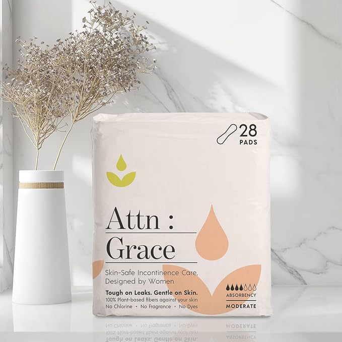 Attn: Grace Moderate Incontinence Pads for Women 2-Pack (56 Pads Total / 28 per Pack) - High Absorbency for Sensitive Skin - Protection for Heavy Bladder Leakage/Discreet, Breathable, & Plant-Based