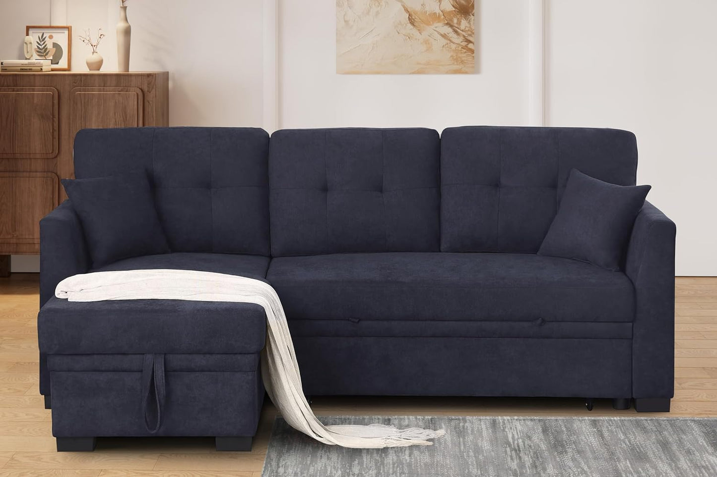 L Shaped Sectional Sleeper Sofa Couch with Pull Out Bed ,3 Seater Convertible Sectional Sofabed W/Reversible Chaise & Tufted Back Cushion ,Reversible Pullout Sofa Couch Bed for Living Room Office