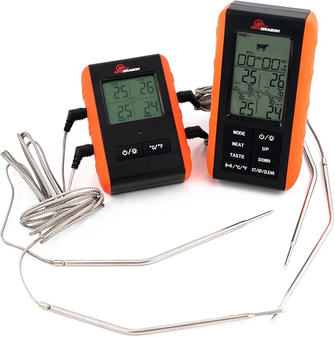 BBQ Dragon Wireless Digital Instant Read Thermometer - Food Thermometer for Cooking – Oven Safe Kitchen with 4 Probes - Meat thermometers for Smokers.