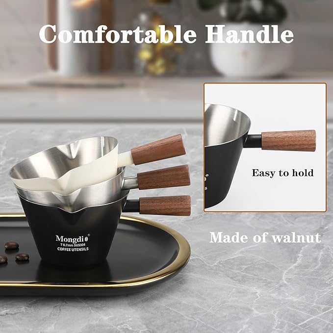 Mongdio Espresso Measuring Cup, Stainless Steel Espresso Shot Cups with Wooden Handle and Double Spouts, 6.8OZ/200ML, Silver