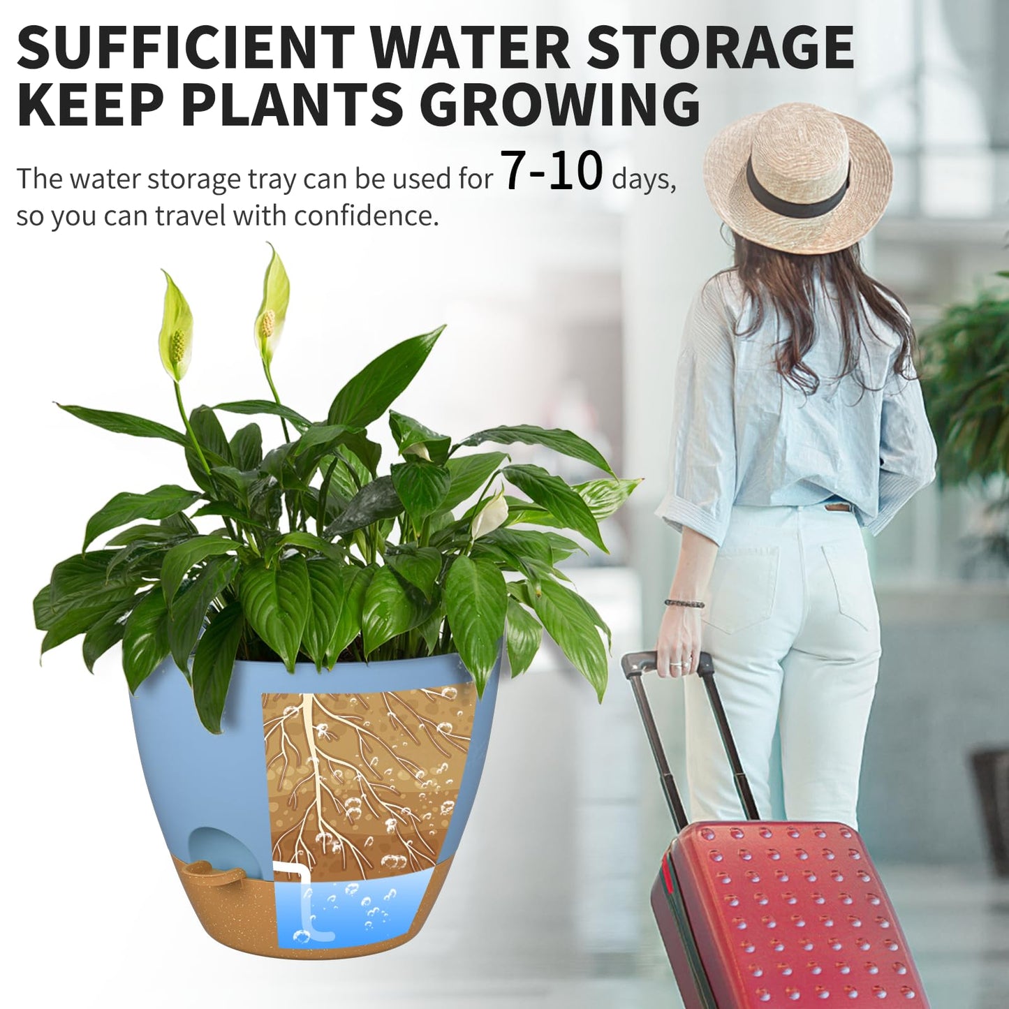 FIASON 12/10/9/8/6 Inch Self Watering Pots for Indoor Outdoor Plants, Set of 5 Large Plastic Planters with Visual Water Window, Drainage Holes & Watering Lip, Modern Decorative Flower Pots (Blue)