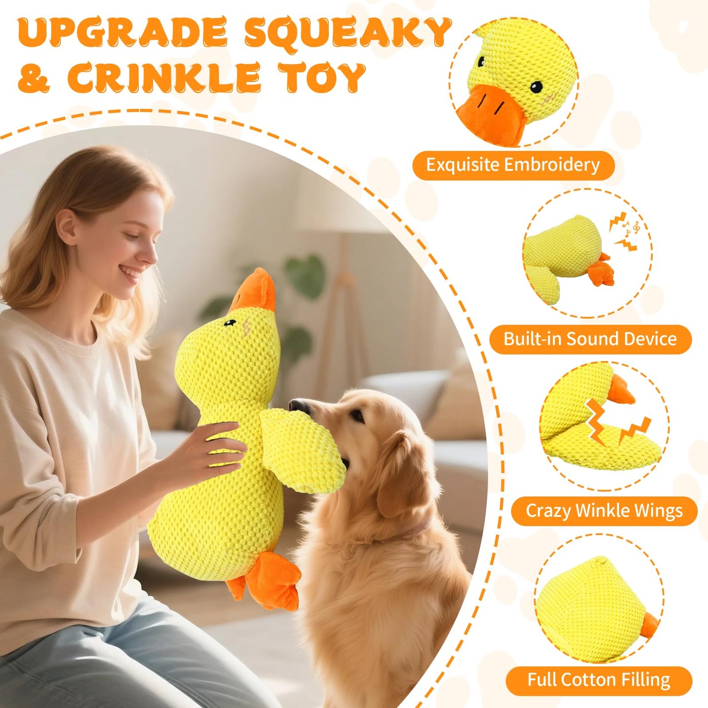 VOXGET Dog Calming Duck Toy, 2026 New Interactive Plush Duck Toy with Quack Sound and Crazy Crinkle for Dogs Keep Busy, Soft Stuffed Calming Pillow for Puppy Reduce Boredom -Yellow, 17.7"x14.9"(L)