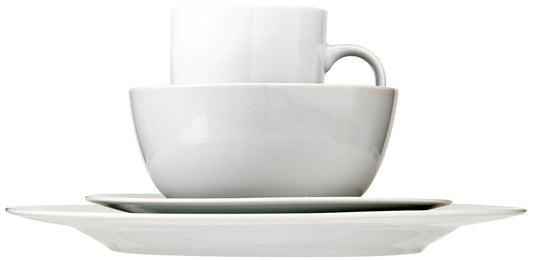 Amazon Basics 16-Piece Porcelain Dinnerware Set, Microwave and Dishwasher Safe, Service for 4, Plates, Bowls and Mugs, White