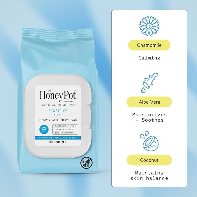 The Honey Pot Company - Feminine Wipes - Daily PH Balancing, Fragrance & Sulfate Free Wipes for Intimate Parts, Body, or Face - Hygiene Products - Sensitive 30 ct