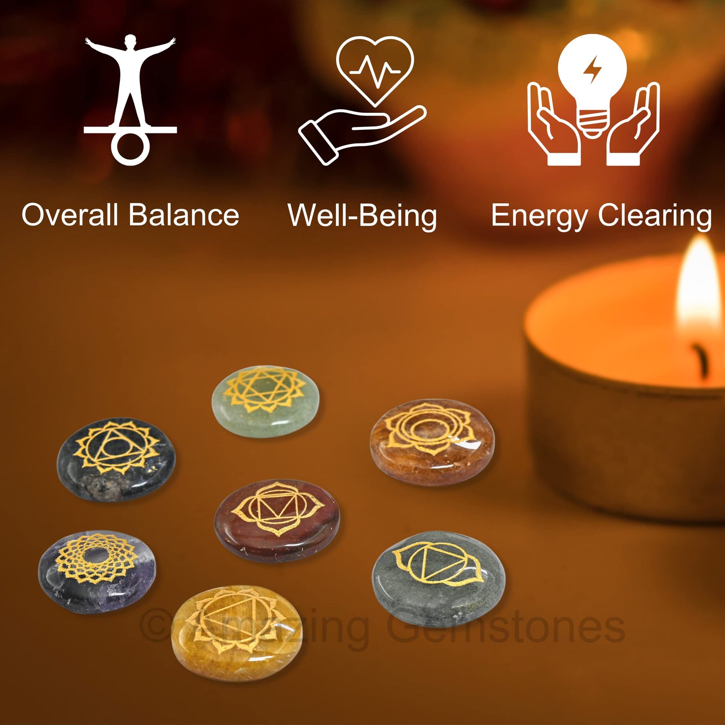 Amazing Gemstone 7 Chakra Set Reiki Healing Crystal with Engraved Chakra Symbols - Chakra Balancing Polished Palm Stones Set with Velvet Pouch