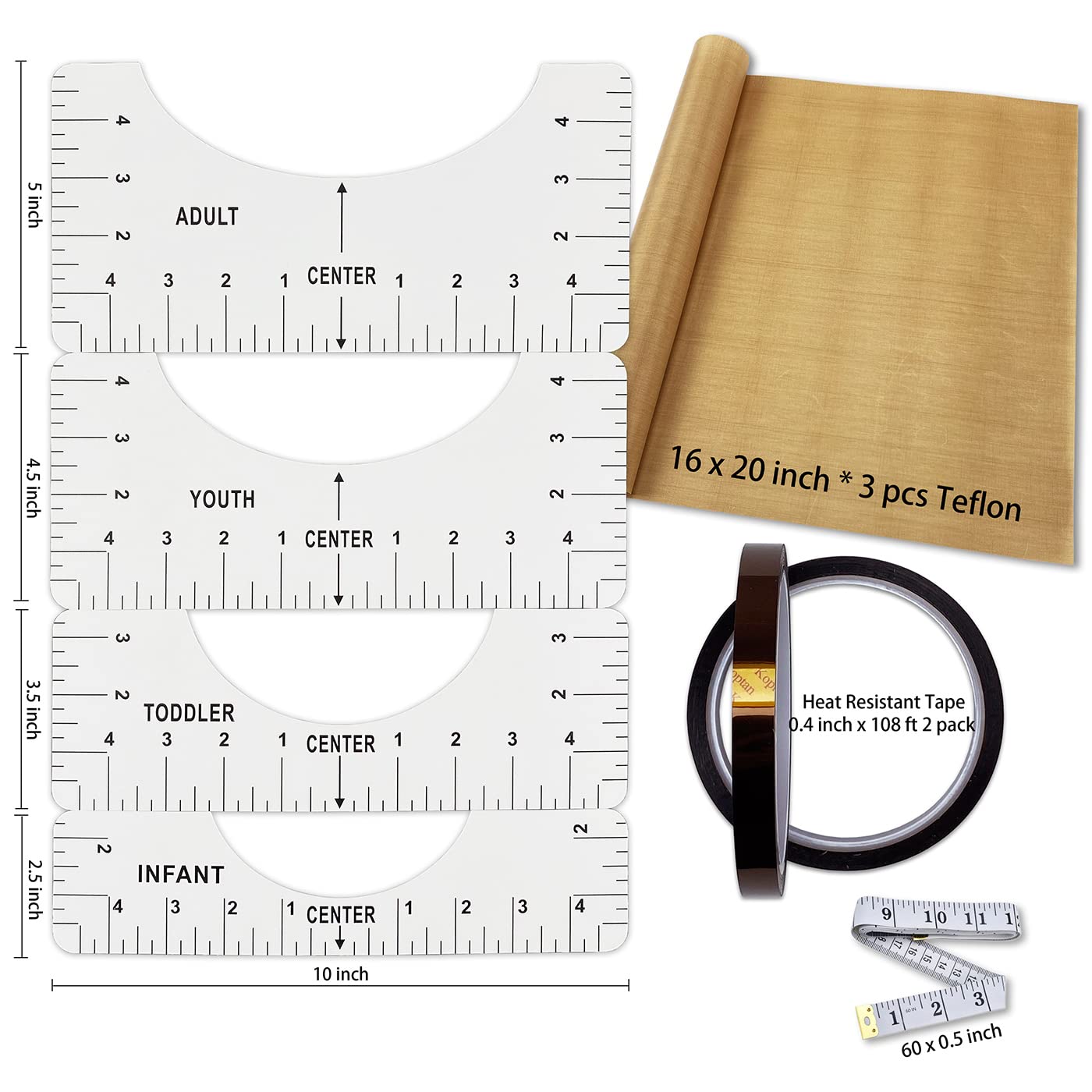 T-Shirt Alignment Ruler Heat Resistant Tape 10mm X 33m 108ft, PTFE Teflon Transfer Sheet 16 x 20-4 Rulers, 2 Rolls Heat Resistant Tape, 3 Packs PTFE Teflon Sheet and 1 Tape Measure Included