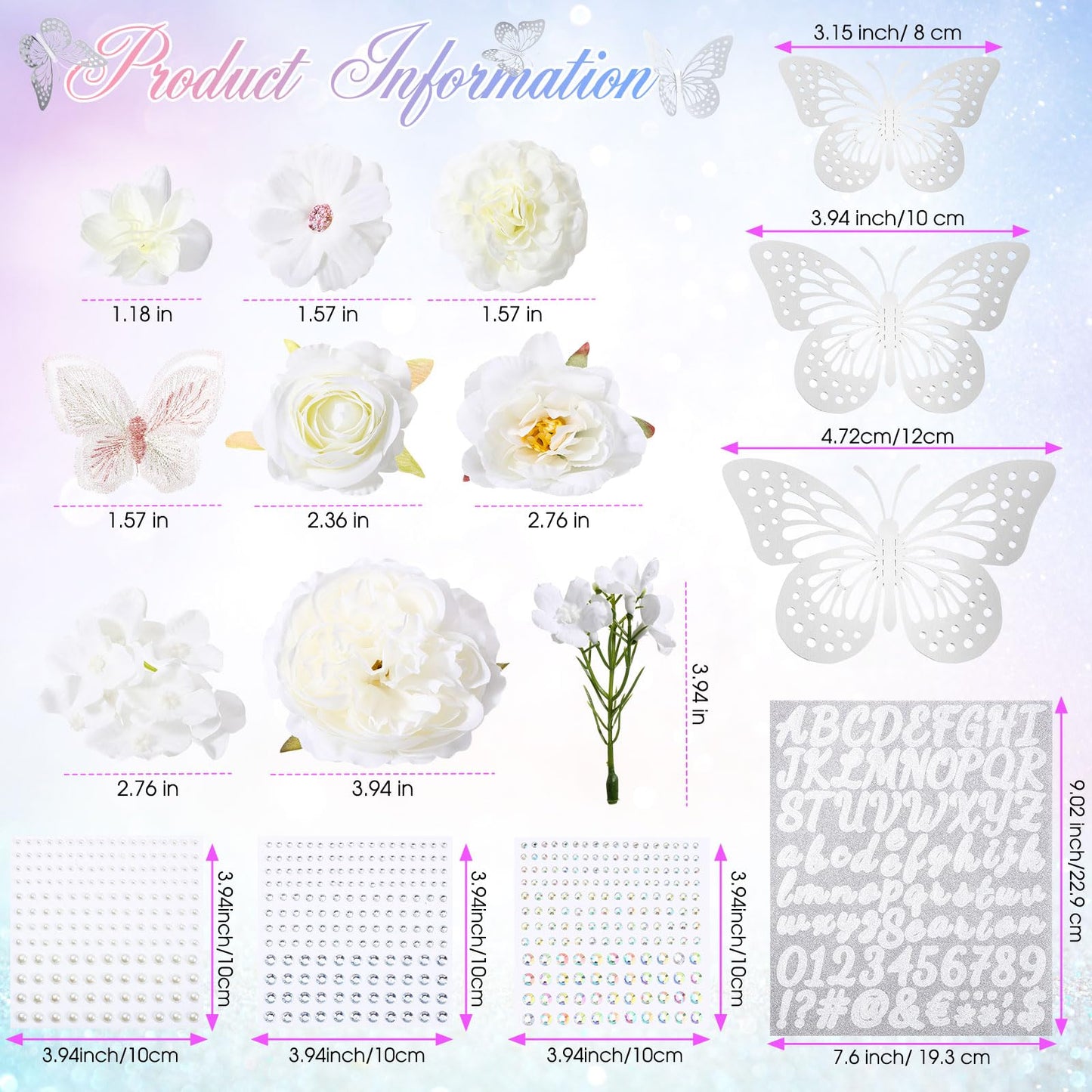 Hoteam DIY Graduation Cap Decorations Kit Included Faux Flowers 3D Butterfly Self Adhesive Rhinestones Glitter Alphabet Letter Stickers for 2026 Grad Cap Topper Party Gifts Decor(White)