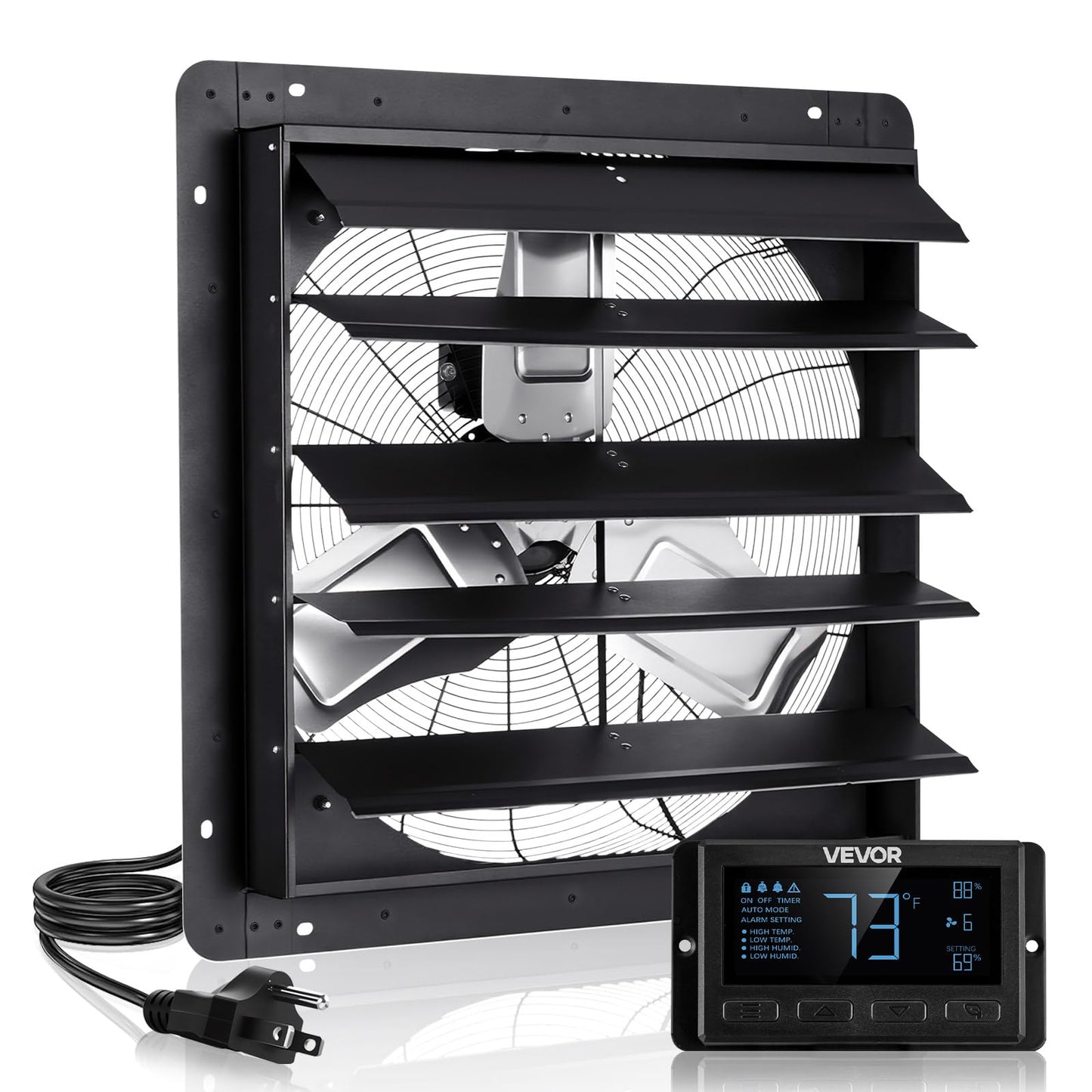 Vevor 24 Inch Shutter Exhaust Fan, Wall Mounted Attic Vent Fan With Smart Programming Variable Speed Temperature Control, 2900 C