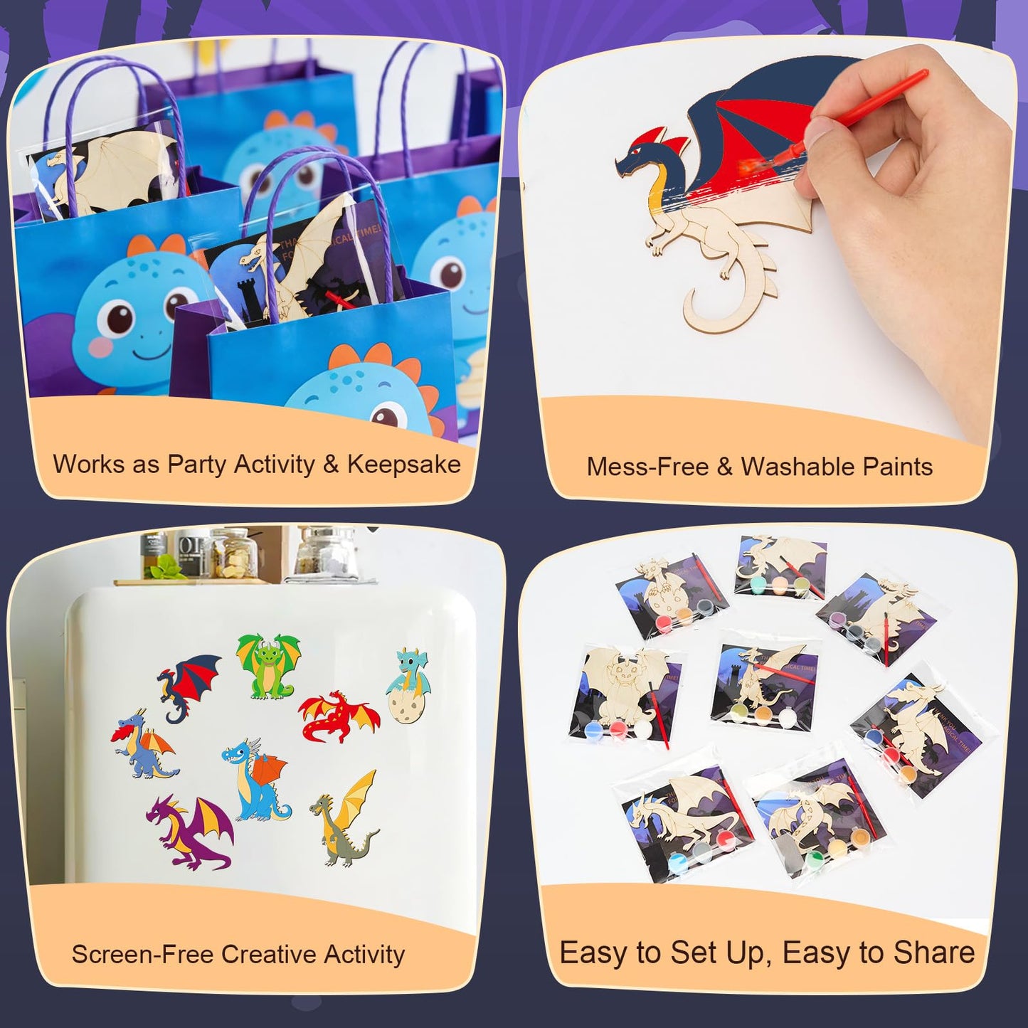 Dragon Party Favor Craft Kits - 24 Set Paint Your Own Wooden Dragon Magnet Painting Set with Thank You Cards, Birthday Decorations for Fantasy Parties, Goodie Bag Stuffers & Classroom Activities