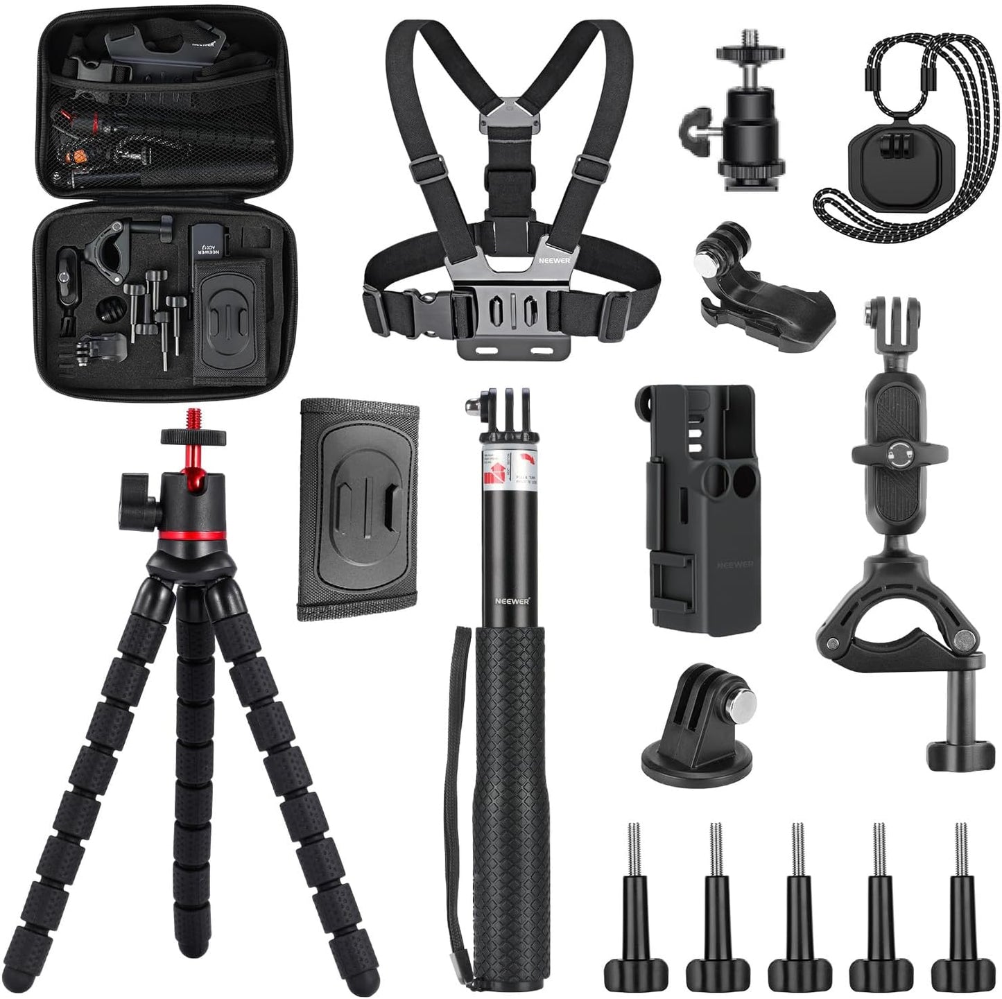 NEEWER Basics 16 in 1 Accessories Kit Compatible with DJI OSMO Pocket 3, Mini Tripod Selfie Stick Chest Strap Magnetic Neck Mount Extension Adapter Mountaineering Cycling Dual Cam Vlog, GP-52