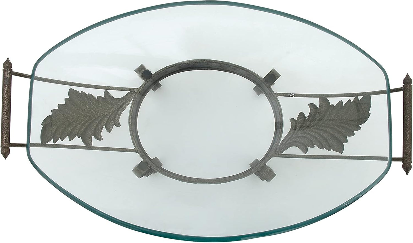 Deco 79 Tempered Glass Kitchen Serving Bowl with Brown Metal Scroll Base, 23" x 14" x 10", Clear, SMALL SIZE