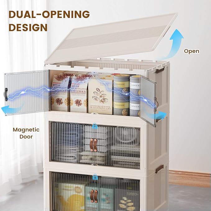 SAILUN 127Gal/508Qt Stackable Storage Bins Folding Collapsible Storage Bins with Lid, Closet Organizers and Storage Box with Door Beige 28" W x 17" D x 61" H
